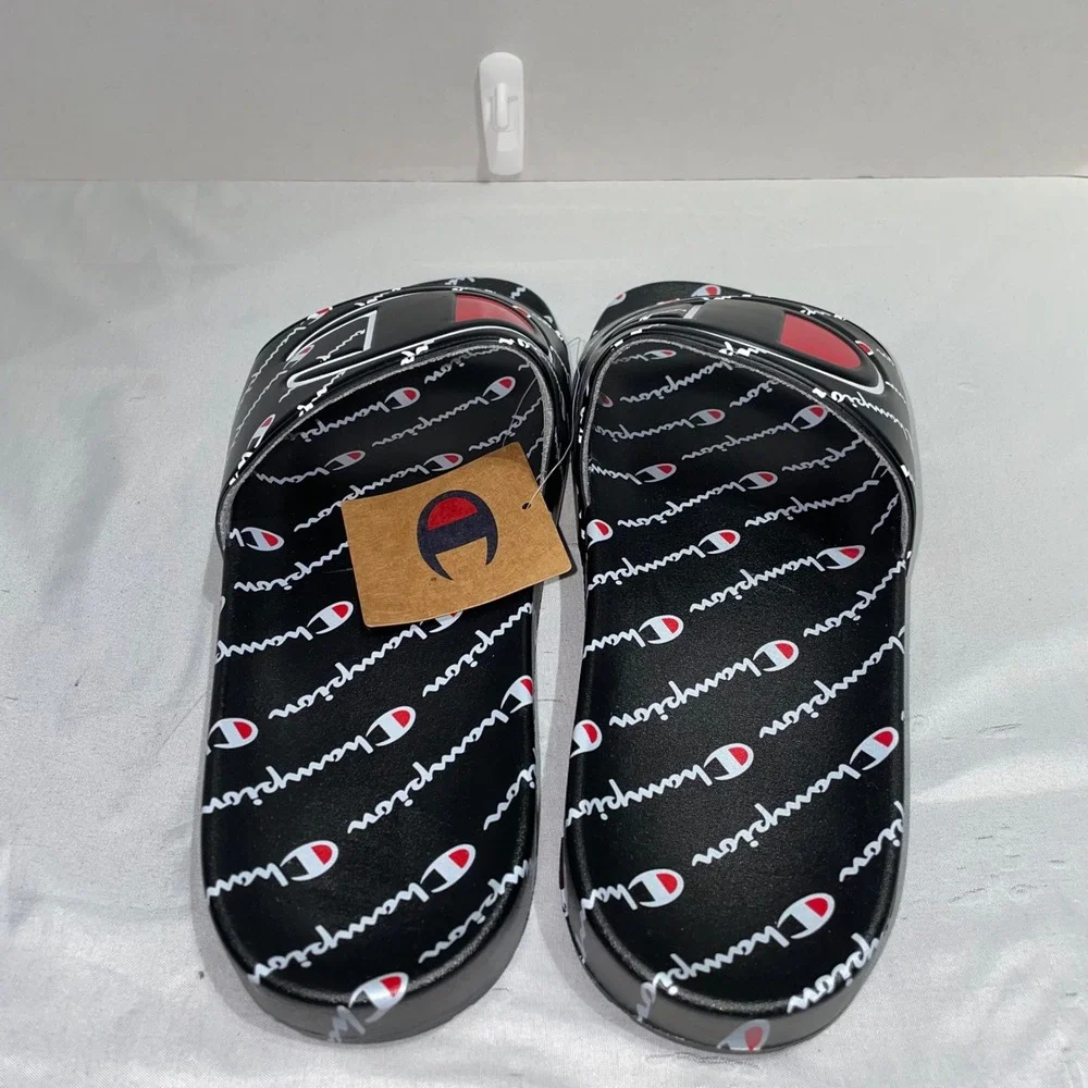 Champion IPO Repeat Script Black Red White Slides Mens Size 13 Sandals CM100798M